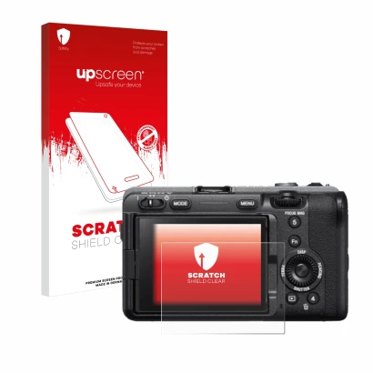 Vorderseite einer Produktverpackung mit dem Markenlogo upscreen. Daneben ist das Gerät Sony FX3 mit dem zugehörigen Displaysch
