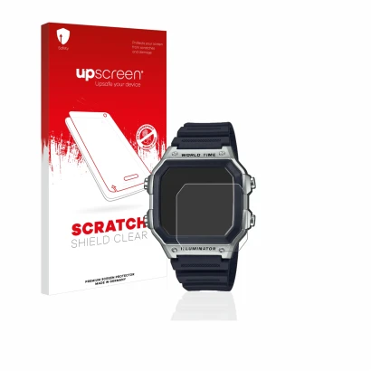 Vorderseite einer Produktverpackung mit dem Markenlogo upscreen. Daneben ist das Gerät Casio AE-1200WH mit dem zugehörigen Dis