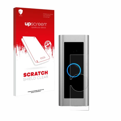 Vorderseite einer Produktverpackung mit dem Markenlogo upscreen. Daneben ist das Gerät Ring Video Doorbell Pro 2 mit dem zugeh