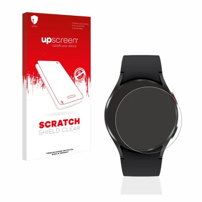 Vorderseite einer Produktverpackung mit dem Markenlogo upscreen. Daneben ist das Gerät Samsung Galaxy Watch 4 (40mm) mit dem z