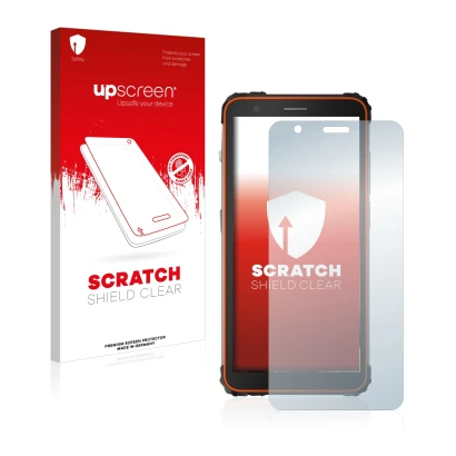 Vorderseite einer Produktverpackung mit dem Markenlogo upscreen. Daneben ist das Gerät Blackview BV6600 mit dem zugehörigen Di