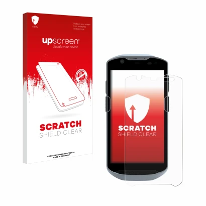 Vorderseite einer Produktverpackung mit dem Markenlogo upscreen. Daneben ist das Gerät Zebra TC52x mit dem zugehörigen Display