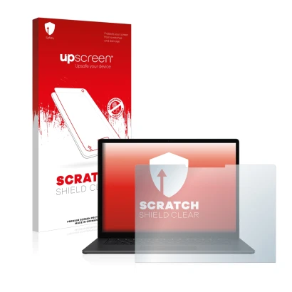 Vorderseite einer Produktverpackung mit dem Markenlogo upscreen. Daneben ist das Gerät Microsoft Surface Laptop 4 15" mit dem