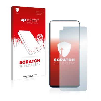 Vorderseite einer Produktverpackung mit dem Markenlogo upscreen. Daneben ist das Gerät realme 8 5G mit dem zugehörigen Display