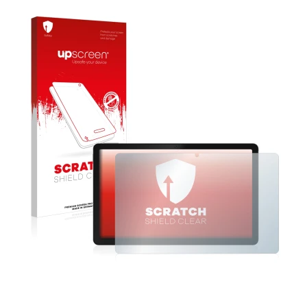 Vorderseite einer Produktverpackung mit dem Markenlogo upscreen. Daneben ist das Gerät realme Pad mit dem zugehörigen Displays