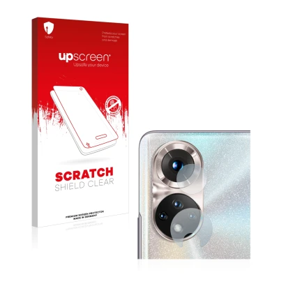 Vorderseite einer Produktverpackung mit dem Markenlogo upscreen. Daneben ist das Gerät Honor 50 (NUR Kameraschutz) mit dem zug