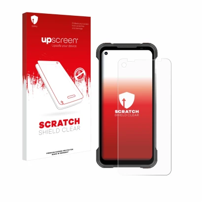 Vorderseite einer Produktverpackung mit dem Markenlogo upscreen. Daneben ist das Gerät Doogee S97 Pro mit dem zugehörigen Disp