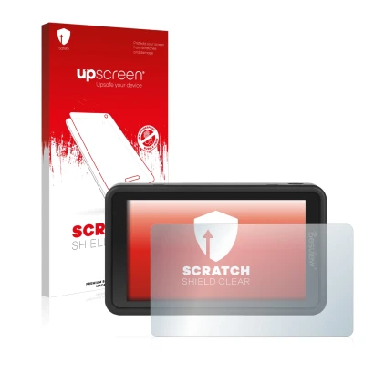 Vorderseite einer Produktverpackung mit dem Markenlogo upscreen. Daneben ist das Gerät Desview R5 5.5" mit dem zugehörigen Dis