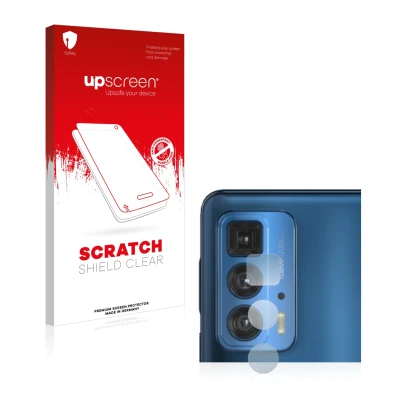 Vorderseite einer Produktverpackung mit dem Markenlogo upscreen. Daneben ist das Gerät Motorola Edge 20 Pro (NUR Kameraschutz)