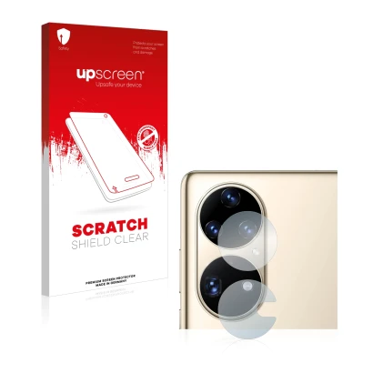 Vorderseite einer Produktverpackung mit dem Markenlogo upscreen. Daneben ist das Gerät Huawei P50 Pro (NUR Kameraschutz) mit d