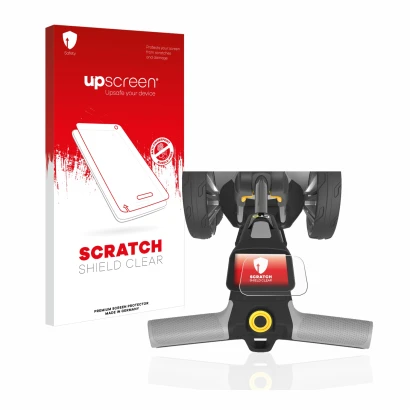 Vorderseite einer Produktverpackung mit dem Markenlogo upscreen. Daneben ist das Gerät PowaKaddy CT6 mit dem zugehörigen Displ