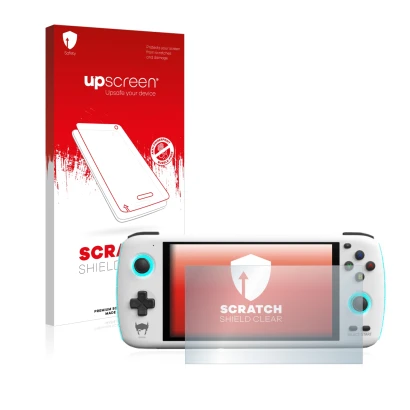 Vorderseite einer Produktverpackung mit dem Markenlogo upscreen. Daneben ist das Gerät AYN Odin mit dem zugehörigen Displaysch