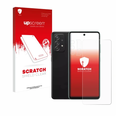 Vorderseite einer Produktverpackung mit dem Markenlogo upscreen. Daneben ist das Gerät Samsung Galaxy A52 (Display+Kamera) mit