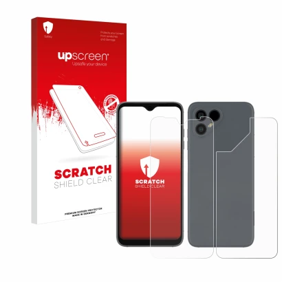 Vorderseite einer Produktverpackung mit dem Markenlogo upscreen. Daneben ist das Gerät Fairphone 4 (Display+Rückseite) mit dem