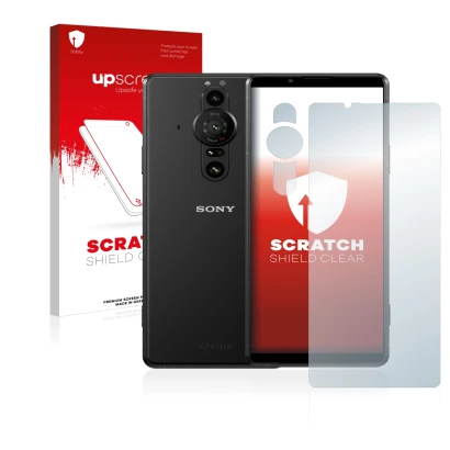 Vorderseite einer Produktverpackung mit dem Markenlogo upscreen. Daneben ist das Gerät Sony Xperia Pro-I (Display+Kamera) mit 