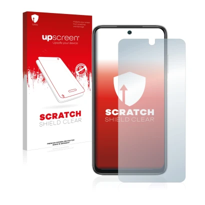 Vorderseite einer Produktverpackung mit dem Markenlogo upscreen. Daneben ist das Gerät Xiaomi Redmi Note 11 4G mit dem zugehör