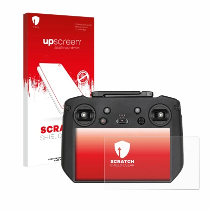 Vorderseite einer Produktverpackung mit dem Markenlogo upscreen. Daneben ist das Gerät DJI RC Pro mit dem zugehörigen Displays