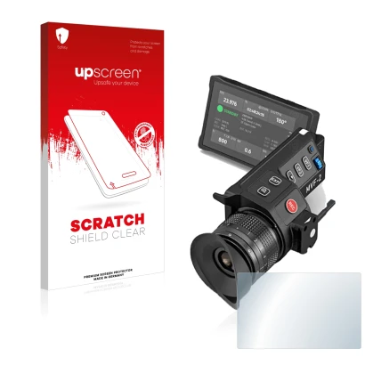 Vorderseite einer Produktverpackung mit dem Markenlogo upscreen. Daneben ist das Gerät Arri MVF-2 mit dem zugehörigen Displays