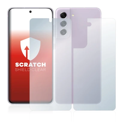 Abbildung des Geräts Samsung Galaxy S21 FE 5G (Display+Rückseite) mit einer Vielzahl des Displayschutzes.