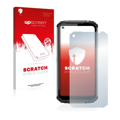 Vorderseite einer Produktverpackung mit dem Markenlogo upscreen. Daneben ist das Gerät Oukitel WP16 mit dem zugehörigen Displa
