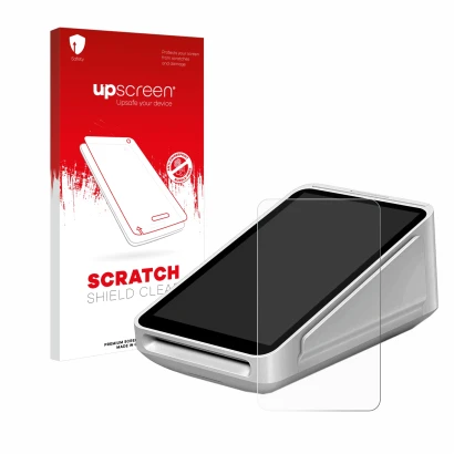 Vorderseite einer Produktverpackung mit dem Markenlogo upscreen. Daneben ist das Gerät Square Terminal mit dem zugehörigen Dis