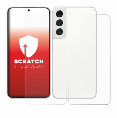Abbildung des Geräts Samsung Galaxy S22 5G (Display+Rückseite) mit einer Vielzahl des Displayschutzes.