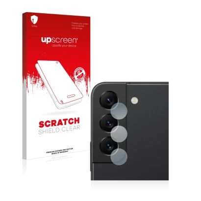 Vorderseite einer Produktverpackung mit dem Markenlogo upscreen. Daneben ist das Gerät Samsung Galaxy S22 5G (NUR Kameraschutz