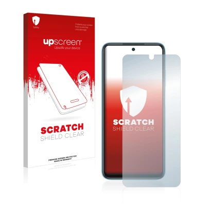 Vorderseite einer Produktverpackung mit dem Markenlogo upscreen. Daneben ist das Gerät Xiaomi Redmi 10 (2022) mit dem zugehöri