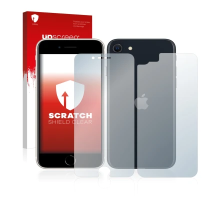 Vorderseite einer Produktverpackung mit dem Markenlogo upscreen. Daneben ist das Gerät Apple iPhone SE 3 2022 (Display+Rücksei