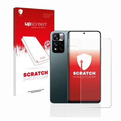 Vorderseite einer Produktverpackung mit dem Markenlogo upscreen. Daneben ist das Gerät Xiaomi Redmi Note 11 Pro+ 5G (Display+K