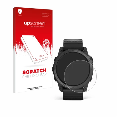 Vorderseite einer Produktverpackung mit dem Markenlogo upscreen. Daneben ist das Gerät Garmin Tactix 7 Pro mit dem zugehörigen