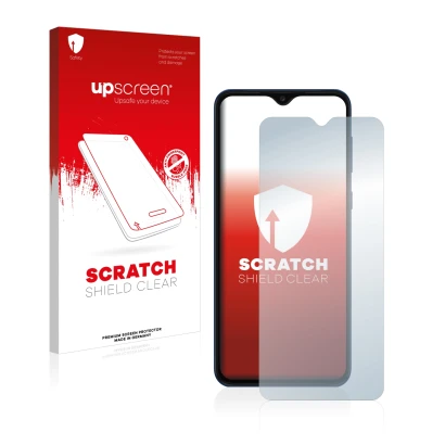 Vorderseite einer Produktverpackung mit dem Markenlogo upscreen. Daneben ist das Gerät Samsung Galaxy A03 Core mit dem zugehör