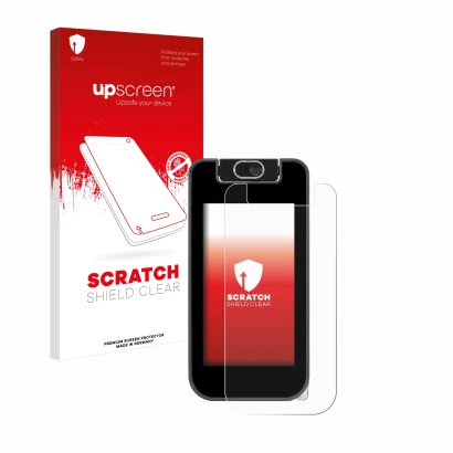 Vorderseite einer Produktverpackung mit dem Markenlogo upscreen. Daneben ist das Gerät Vtech KidiBuzz 3 mit dem zugehörigen Di