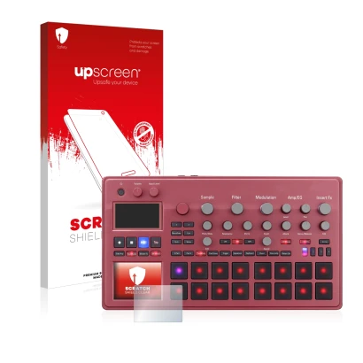 Vorderseite einer Produktverpackung mit dem Markenlogo upscreen. Daneben ist das Gerät KORG electribe Sampler mit dem zugehöri