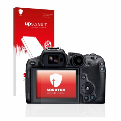 Vorderseite einer Produktverpackung mit dem Markenlogo upscreen. Daneben ist das Gerät Canon EOS R7 mit dem zugehörigen Displa