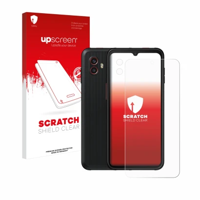 Vorderseite einer Produktverpackung mit dem Markenlogo upscreen. Daneben ist das Gerät Samsung Galaxy Xcover 6 Pro (Display+Ka