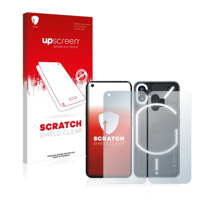 Vorderseite einer Produktverpackung mit dem Markenlogo upscreen. Daneben ist das Gerät Nothing Phone (1) (Display+Rückseite) m