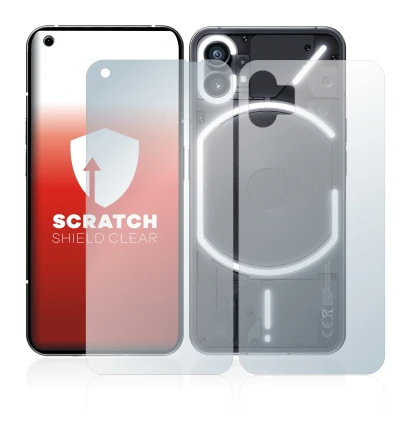 Abbildung des Geräts Nothing Phone (1) (Display+Rückseite) mit einer Vielzahl des Displayschutzes.