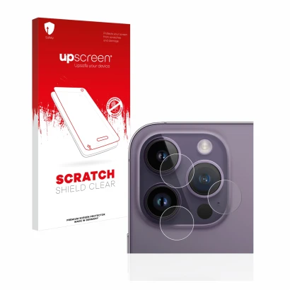 Vorderseite einer Produktverpackung mit dem Markenlogo upscreen. Daneben ist das Gerät Apple iPhone 14 Pro (NUR Kameraschutz)