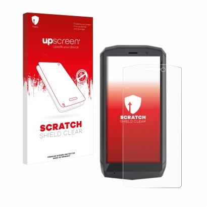Vorderseite einer Produktverpackung mit dem Markenlogo upscreen. Daneben ist das Gerät Cubot Pocket mit dem zugehörigen Displa