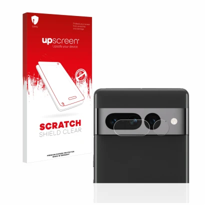 Vorderseite einer Produktverpackung mit dem Markenlogo upscreen. Daneben ist das Gerät Google Pixel 7 Pro (NUR Kameraschutz) m