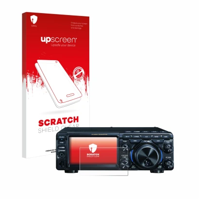 Vorderseite einer Produktverpackung mit dem Markenlogo upscreen. Daneben ist das Gerät Yaesu FT-710 mit dem zugehörigen Displa