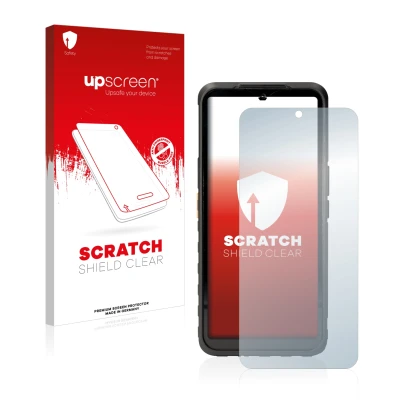 Vorderseite einer Produktverpackung mit dem Markenlogo upscreen. Daneben ist das Gerät Caterpillar Cat S53 5G mit dem zugehöri