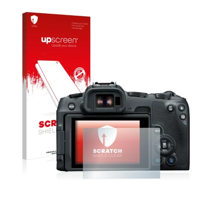 Vorderseite einer Produktverpackung mit dem Markenlogo upscreen. Daneben ist das Gerät Canon EOS R8 mit dem zugehörigen Displa