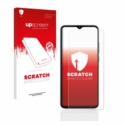 Vorderseite einer Produktverpackung mit dem Markenlogo upscreen. Daneben ist das Gerät Xiaomi Redmi A2 mit dem zugehörigen Dis