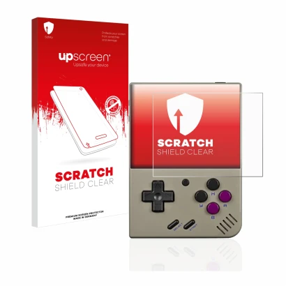 Vorderseite einer Produktverpackung mit dem Markenlogo upscreen. Daneben ist das Gerät Miyoo Mini Plus mit dem zugehörigen Dis