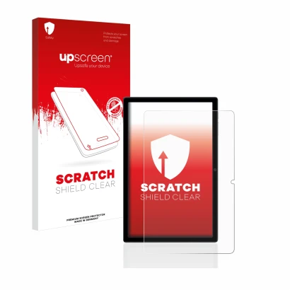 Vorderseite einer Produktverpackung mit dem Markenlogo upscreen. Daneben ist das Gerät Blackview Tab 16 mit dem zugehörigen Di