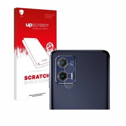 Vorderseite einer Produktverpackung mit dem Markenlogo upscreen. Daneben ist das Gerät Motorola Moto G73 5G (NUR Kameraschutz)