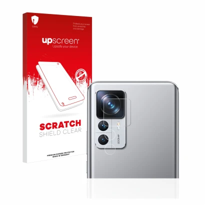 Vorderseite einer Produktverpackung mit dem Markenlogo upscreen. Daneben ist das Gerät Xiaomi 12T Pro (NUR Kameraschutz) mit d