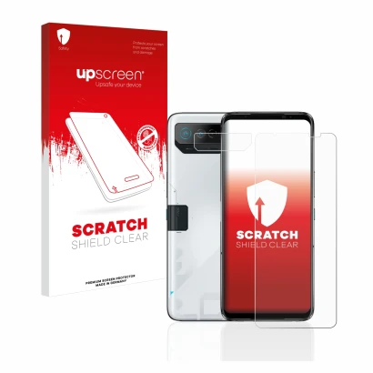 Vorderseite einer Produktverpackung mit dem Markenlogo upscreen. Daneben ist das Gerät ASUS ROG Phone 7 (Display+Kamera) mit d